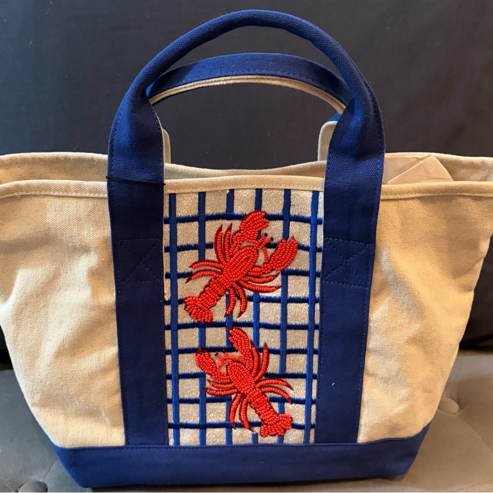 Blue and Tan mini-canvas Tote Bag with  beaded Lobster Design